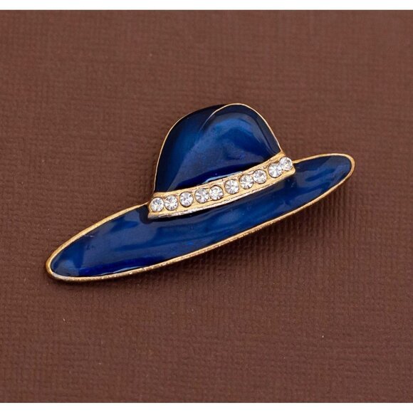 Vintage Stylish Blue Hat Gold Tone Brooch - U19 - Picture 1 of 2